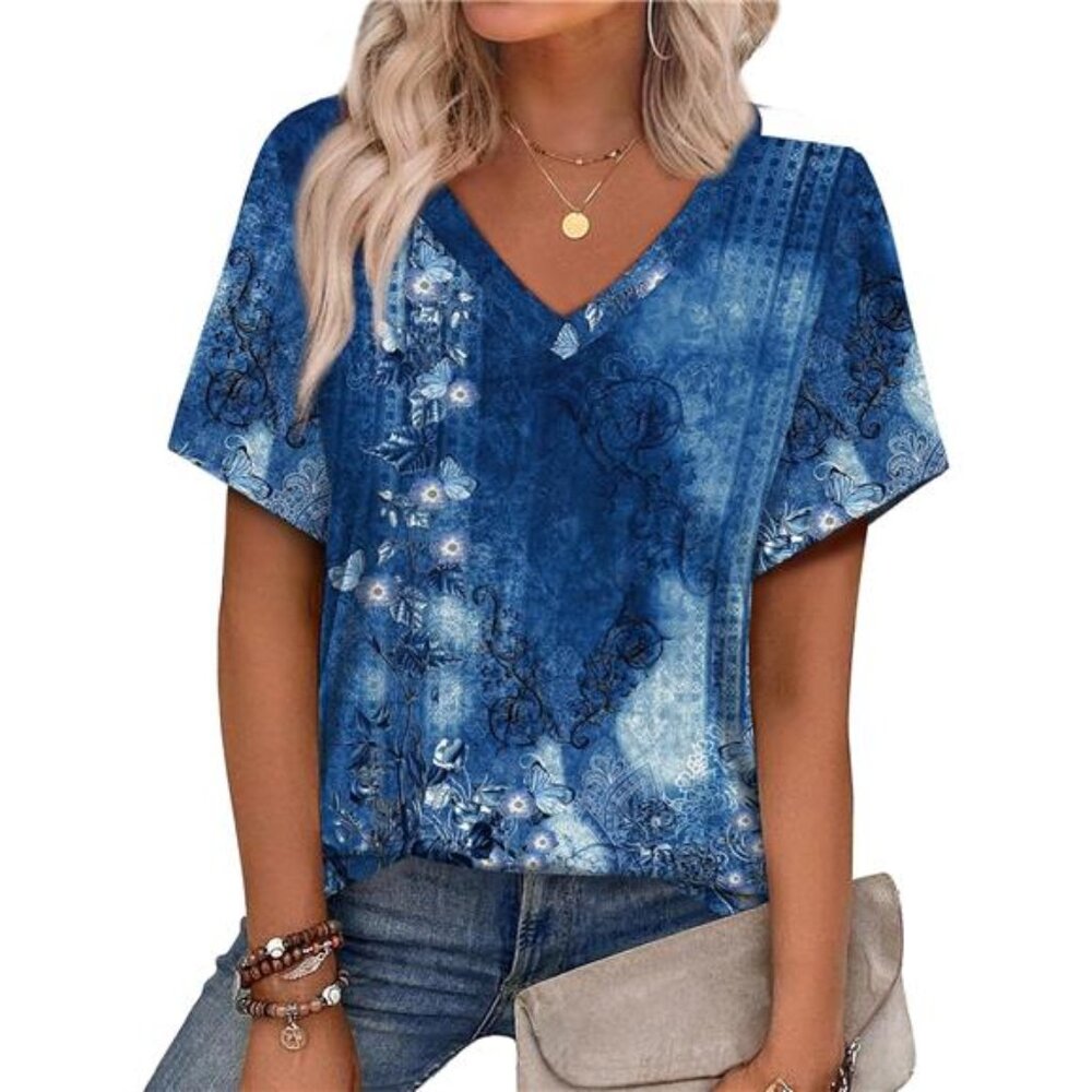 Blue Womens Summer Tops 2025 V Neck Short Sleeve Shirts Trendy Dressy Casual